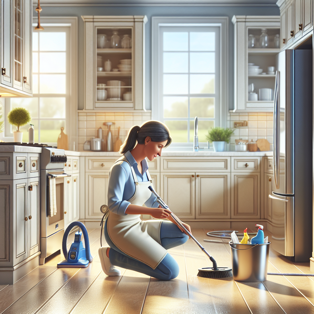 A kitchen scene showing a woman cleaning the floor, emphasizing the importance of deep cleaning.