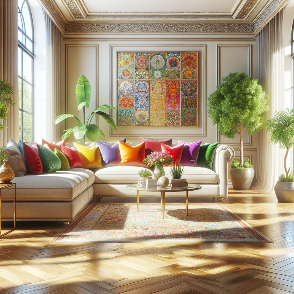 A bright and clean living room after deep cleaning, featuring a beige sofa, colorful cushions, and polished wooden floors.