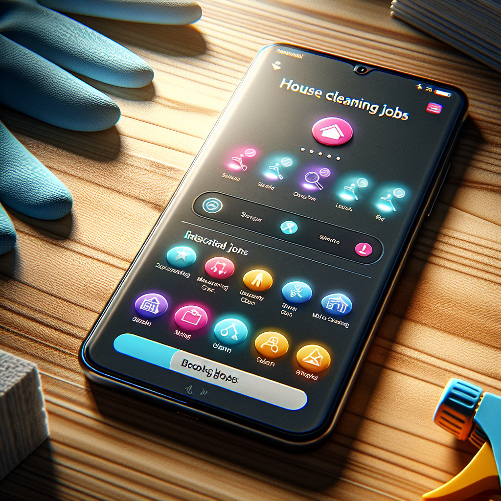 A smartphone displaying a house cleaning jobs app interface on a wooden desk with cleaning supplies.