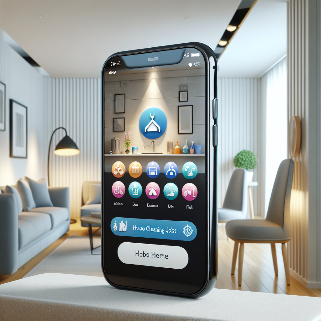 A mobile phone displaying a house cleaning jobs app in a modern living room.