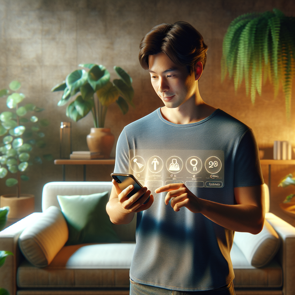A person browsing a house cleaning jobs app on their mobile phone in a cozy living room.