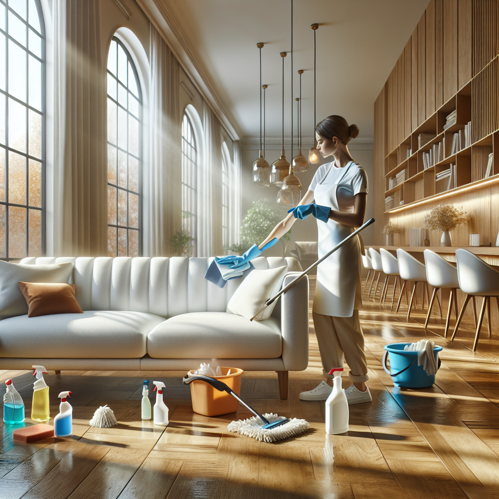 A cleaner scrubbing a couch in a bright living room, emphasizing deep cleaning.