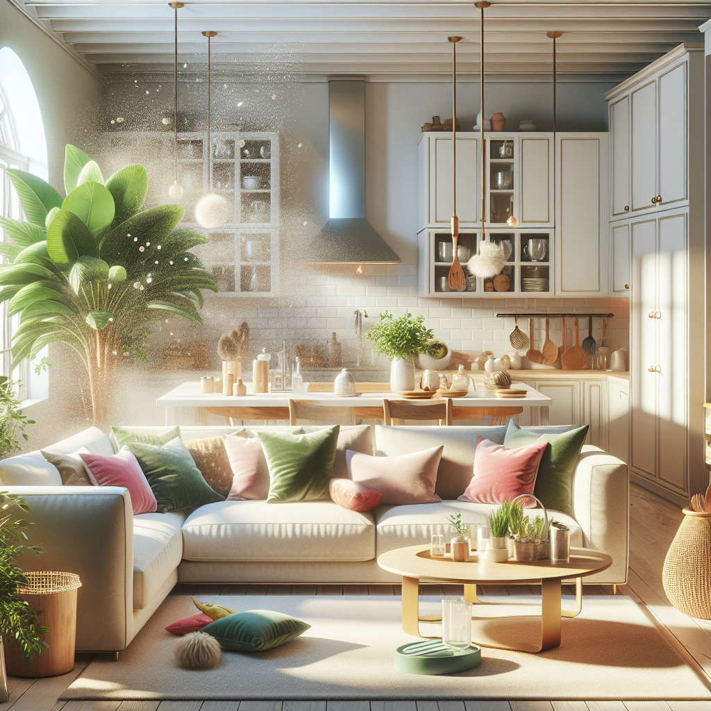 A clean and hygienic living space with a living room and kitchen.