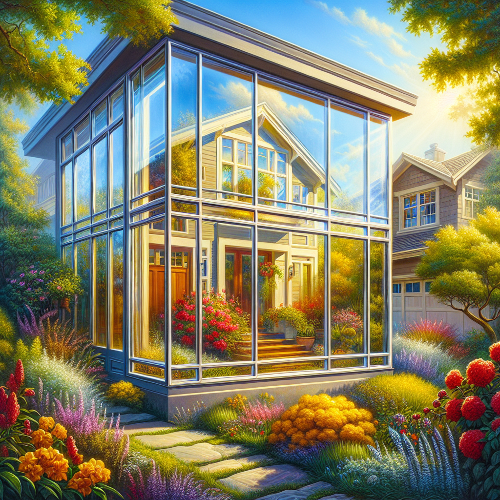 A sparkling clean residential window reflecting a charming home and vibrant garden.