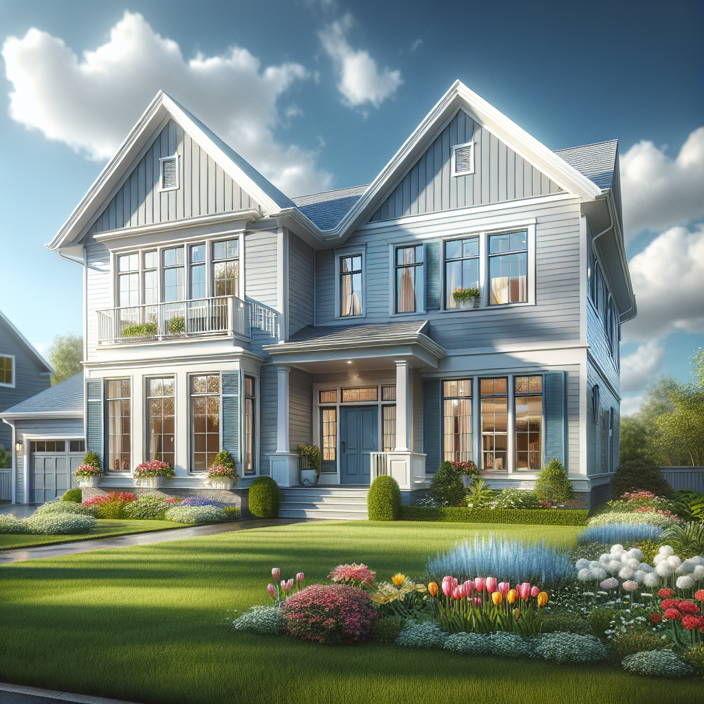 A modern two-story house with clean windows and a beautiful front yard.