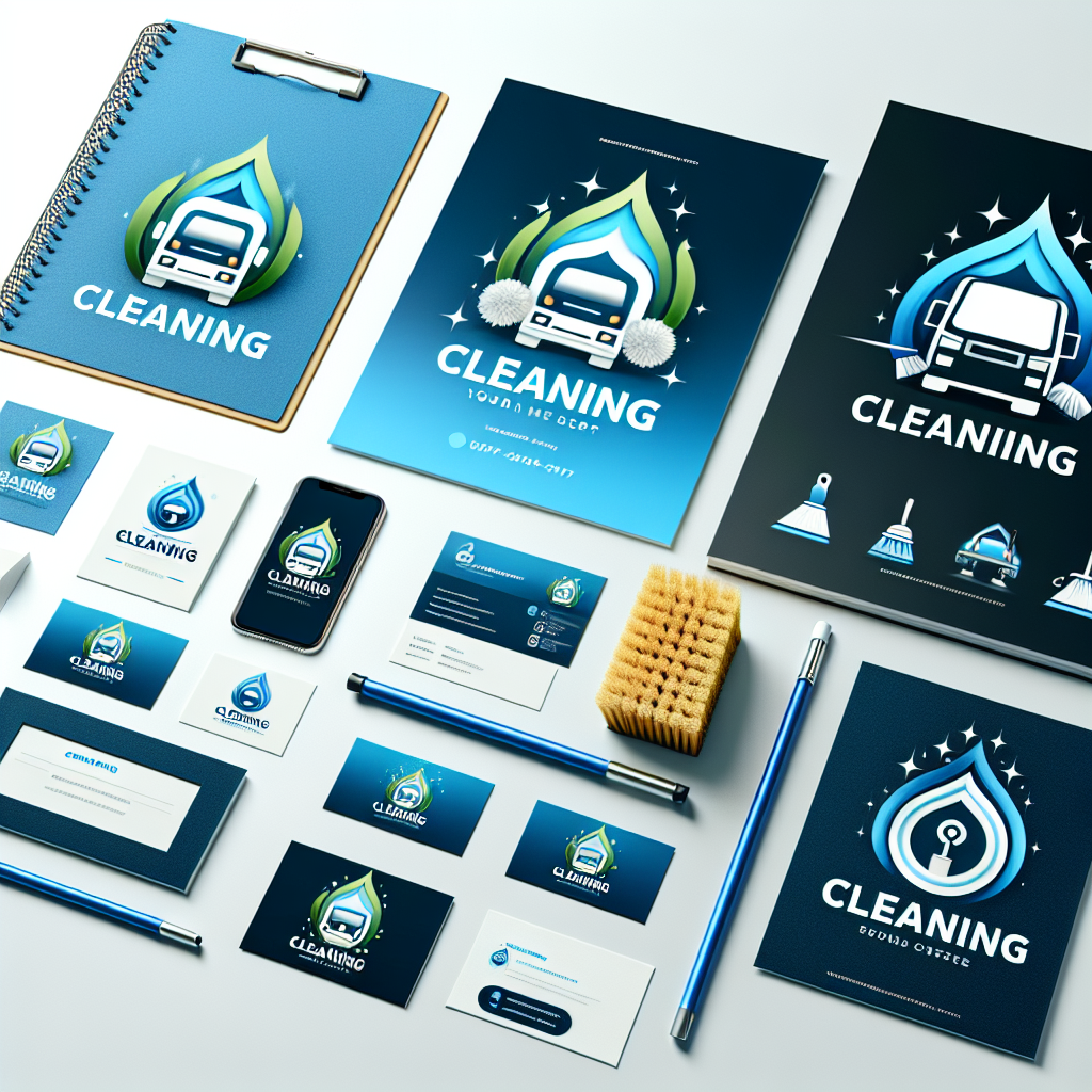 A collection of diverse cleaning service logos displayed on business cards and a vehicle, emphasizing cleanliness and professionalism.