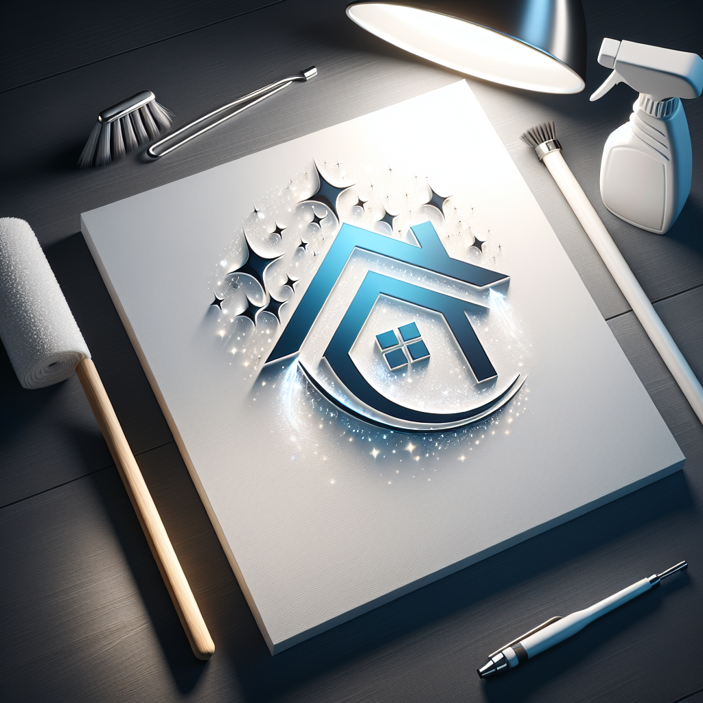 A modern logo design for a cleaning service featuring a sparkling house silhouette and cleaning tools.