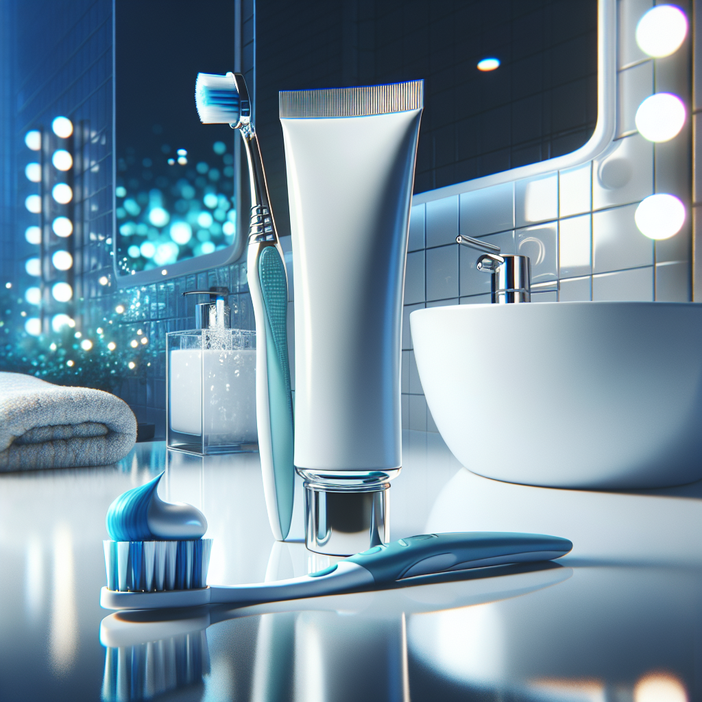 A dental hygiene scene featuring a toothbrush, toothpaste, and a modern sink.