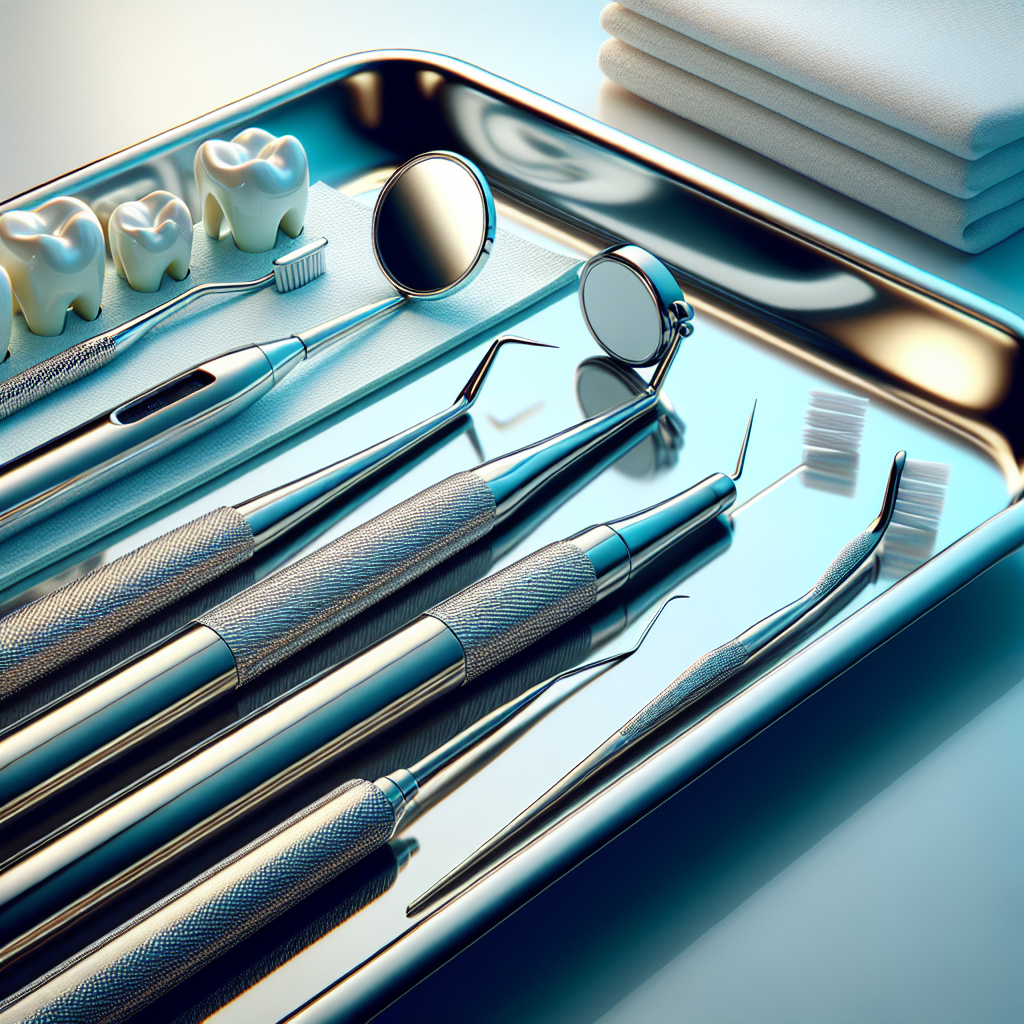 Dental deep cleaning tools on a tray in a dental office.