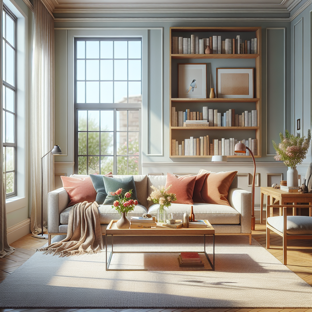 A cozy living room in Florence, SC with a comfortable sofa, coffee table, and soft lighting.