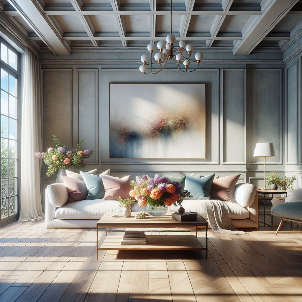 A clean and inviting living room showcasing a cozy sofa, coffee table with flowers, and large windows, emphasizing professionalism in house cleaning.