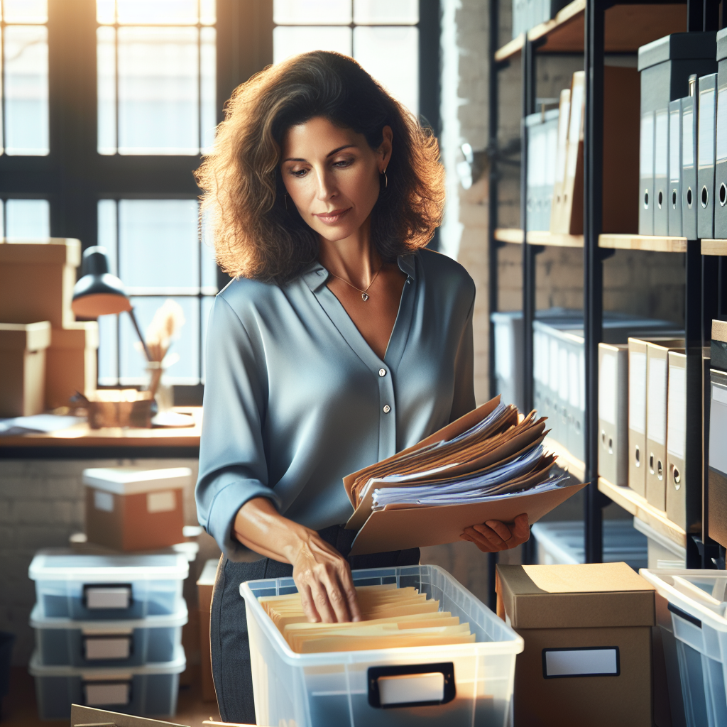 A professional organizer sorting papers in a cluttered office.