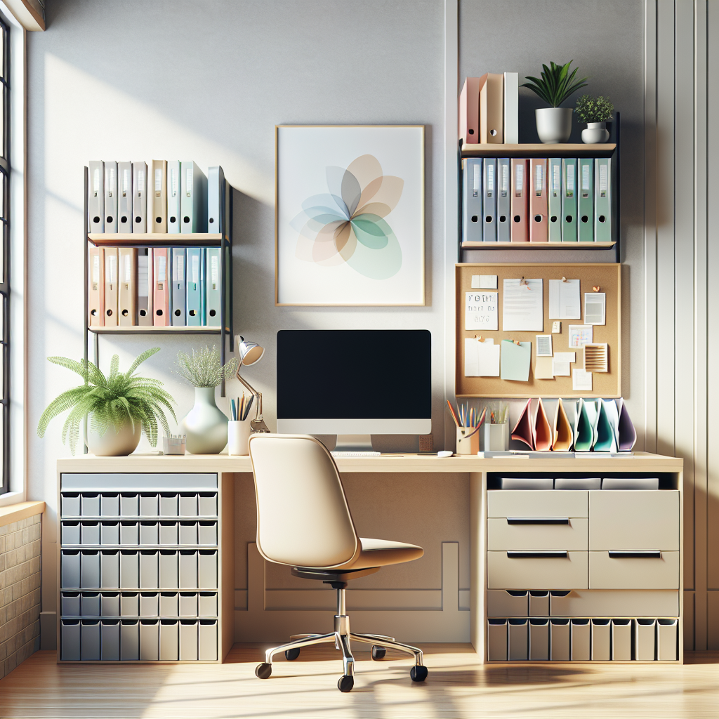 A tidy and well-organized workspace showing colorful file organizers and a sleek computer.