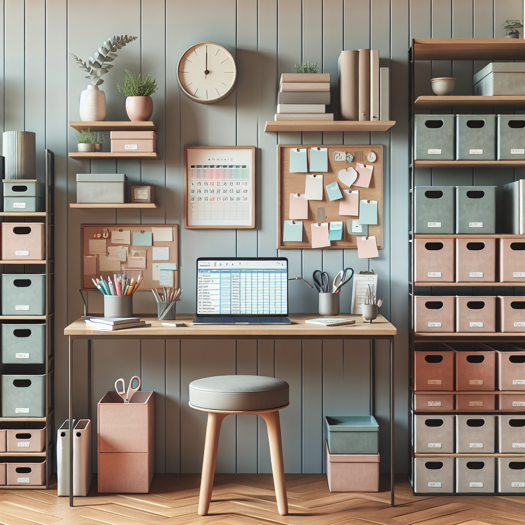 A professional organizer's workspace featuring tidy shelves, storage bins, and a modern desk.
