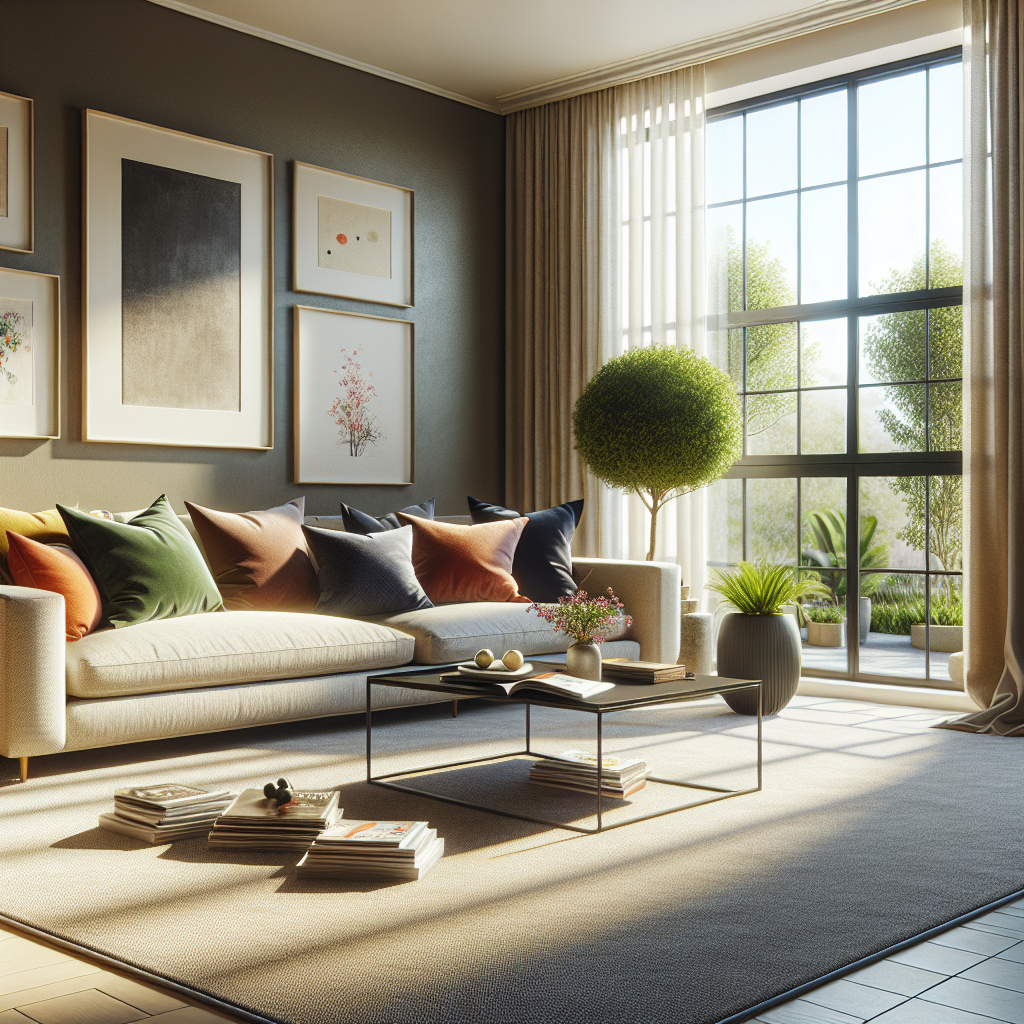 A cozy and organized living room in a modern home, showcasing a sofa, coffee table, and bright sunlight.