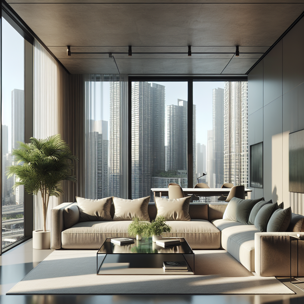 A modern living room in Washington DC with a view of city skyscrapers.