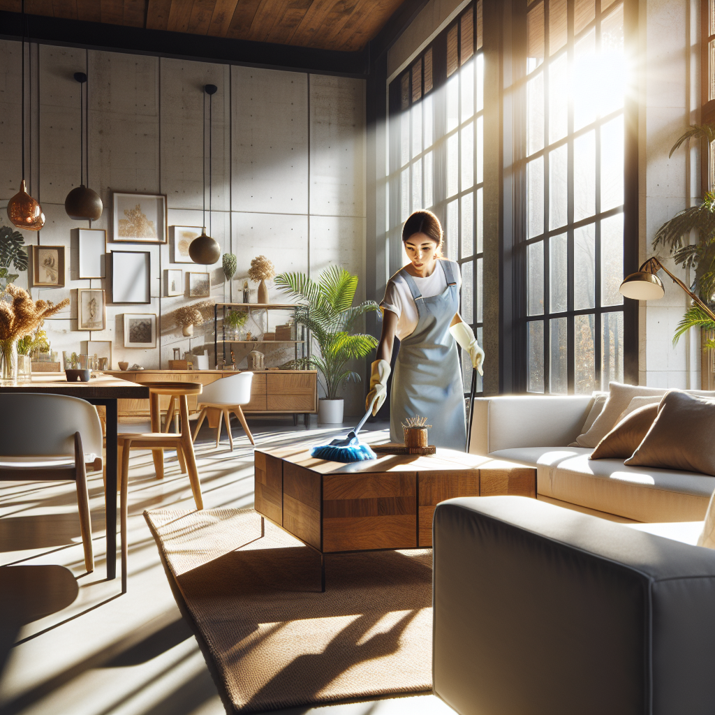 A house cleaner working in a modern living room.