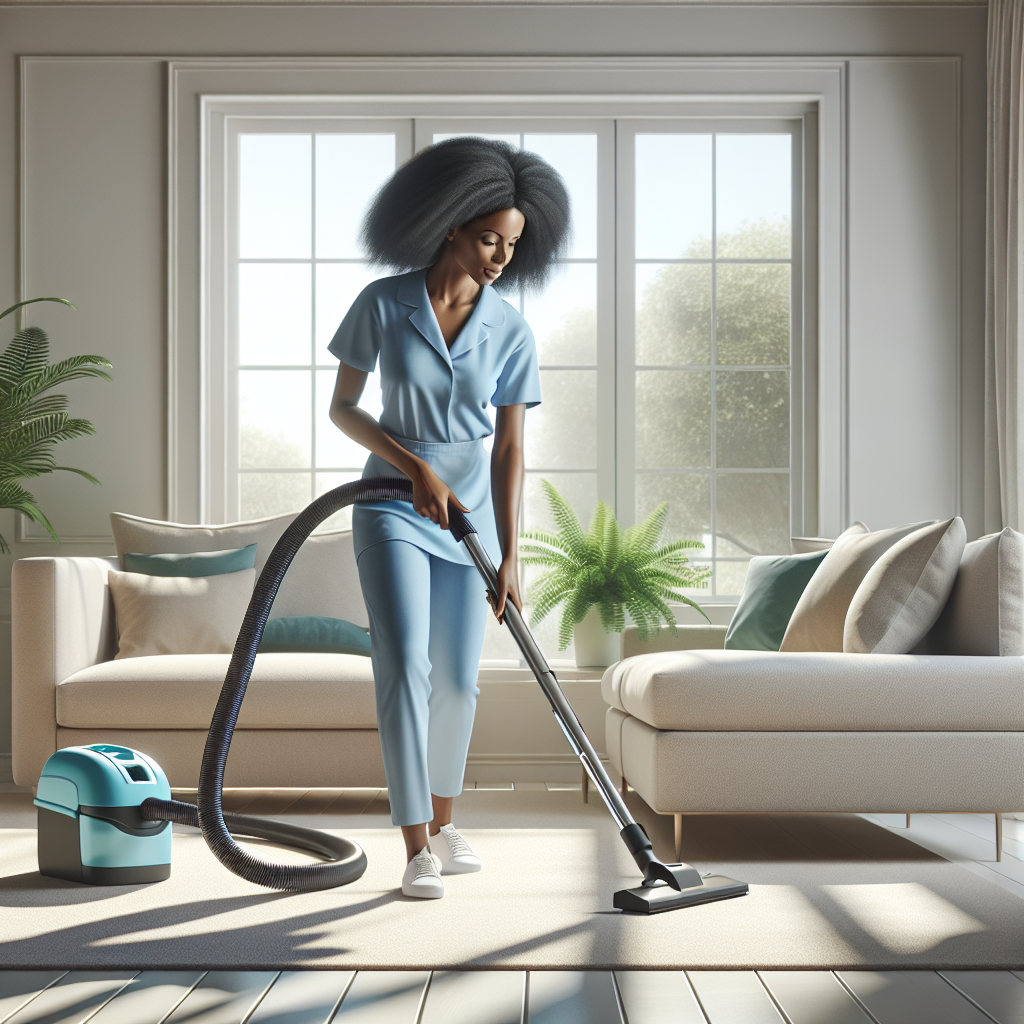 A professional house cleaner cleaning a bright living room.