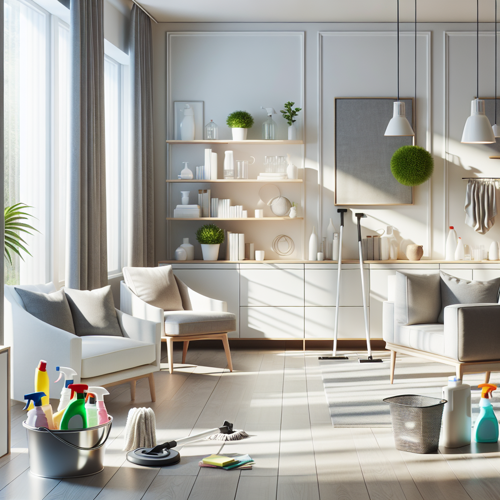 An interior view of a clean and organized apartment featuring various cleaning supplies.