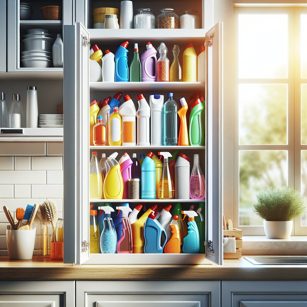 A well-organized cleaning supplies cabinet in a modern kitchen.