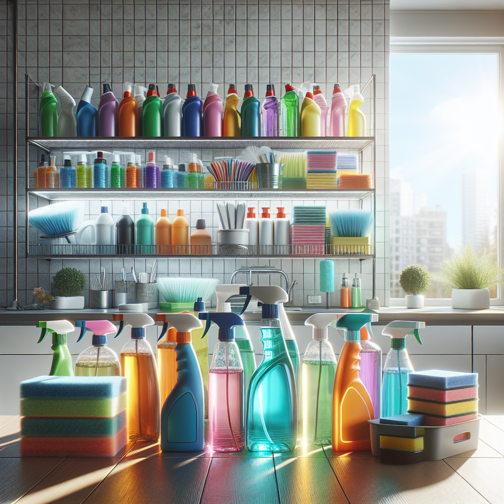 An organized shelf with colorful cleaning supplies in a modern kitchen.