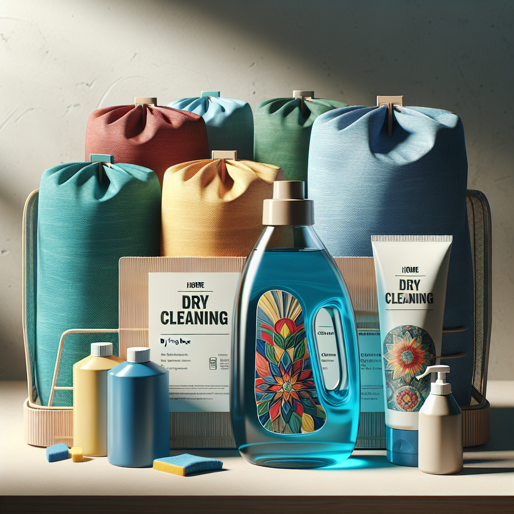 A home dry cleaning kit including cleaning solution, drying bags, and stain remover arranged attractively.