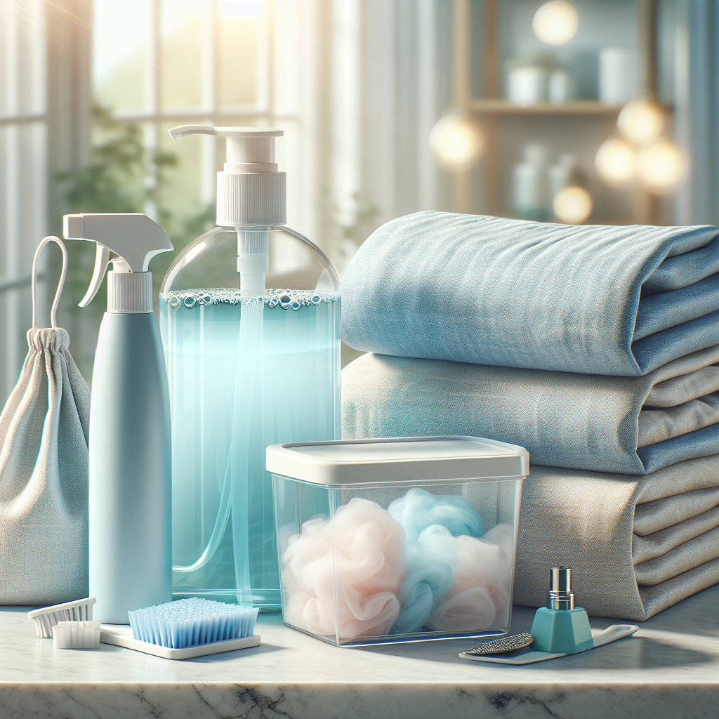 A home dry cleaning kit displayed on a countertop, featuring cleaning solution, drying bags, and stain remover.