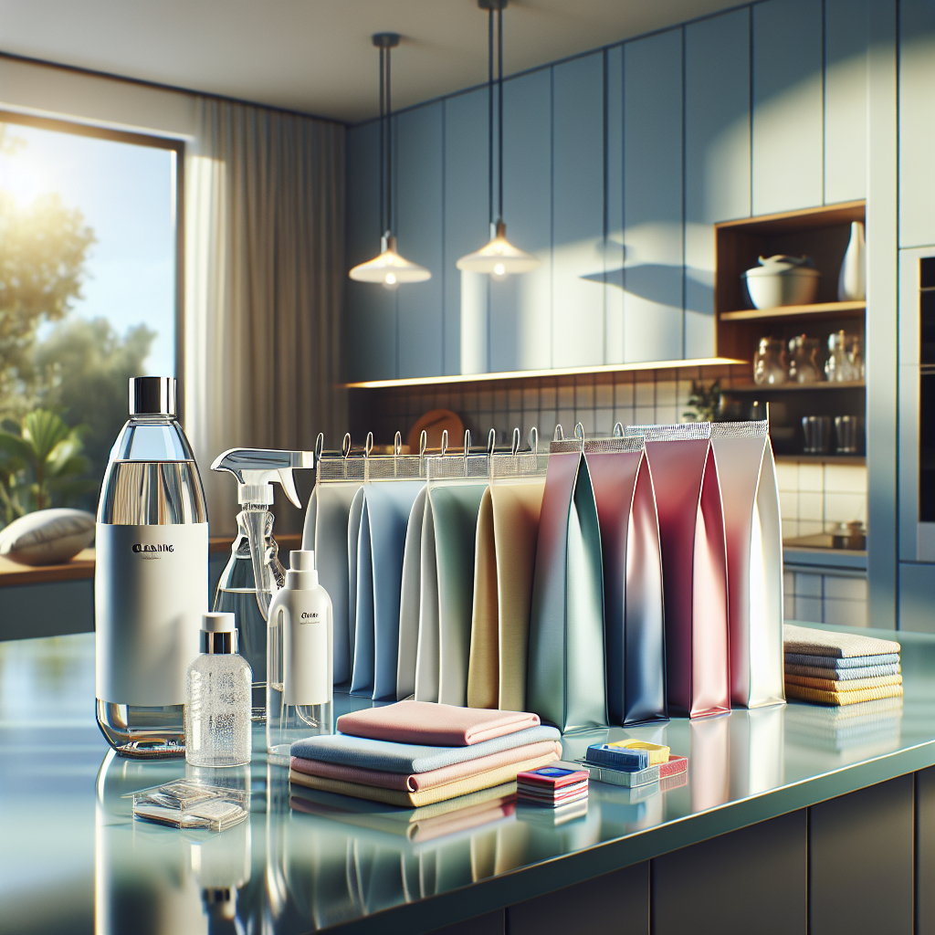 A stylish home dry cleaning kit displayed on a modern kitchen countertop.