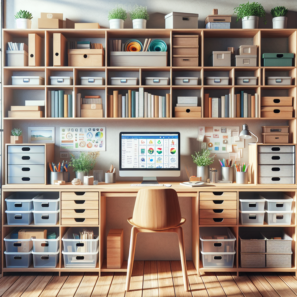 A well-organized workspace of a professional organizer with supplies and tools.