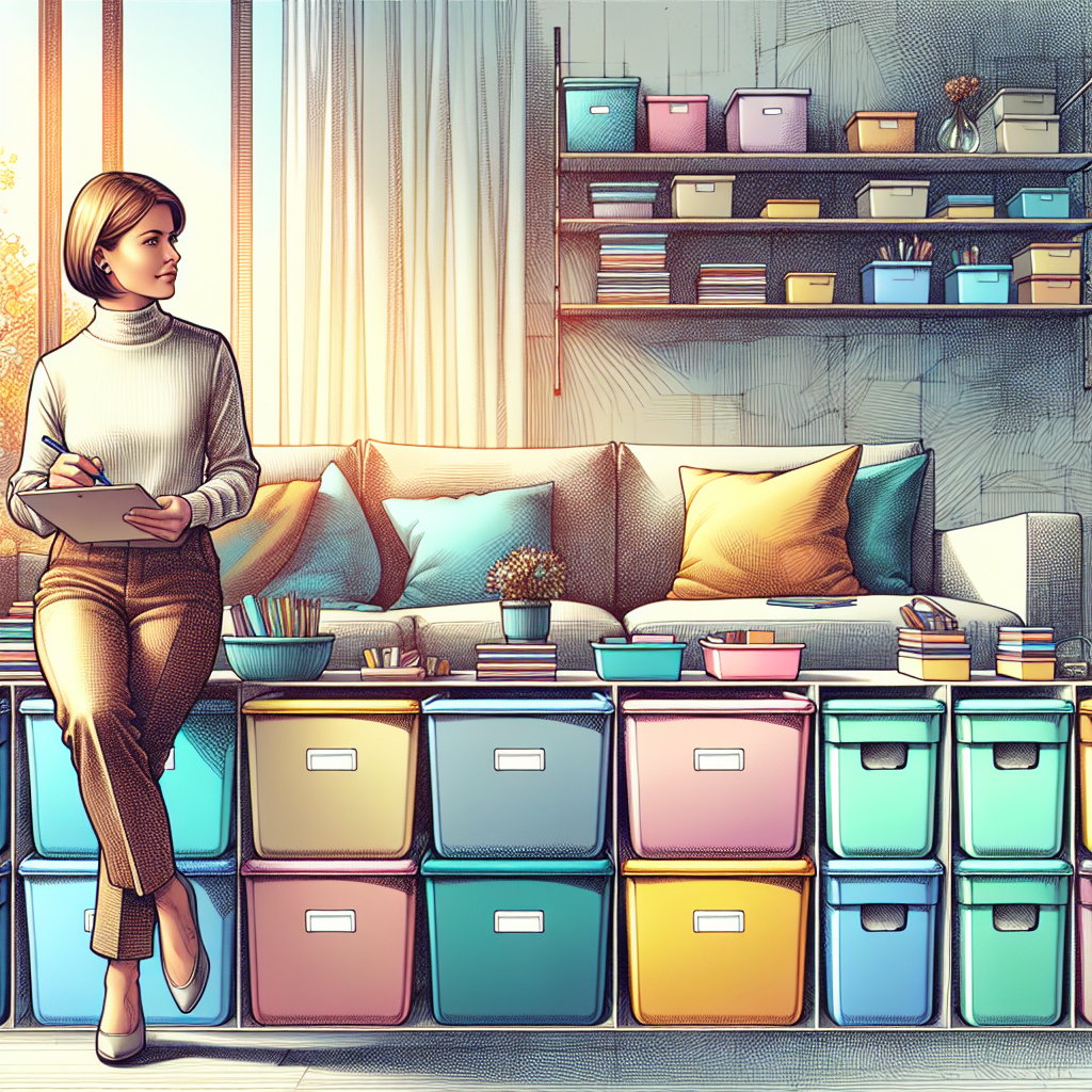 A professional organizer arranging colorful storage bins in a bright, modern living room.