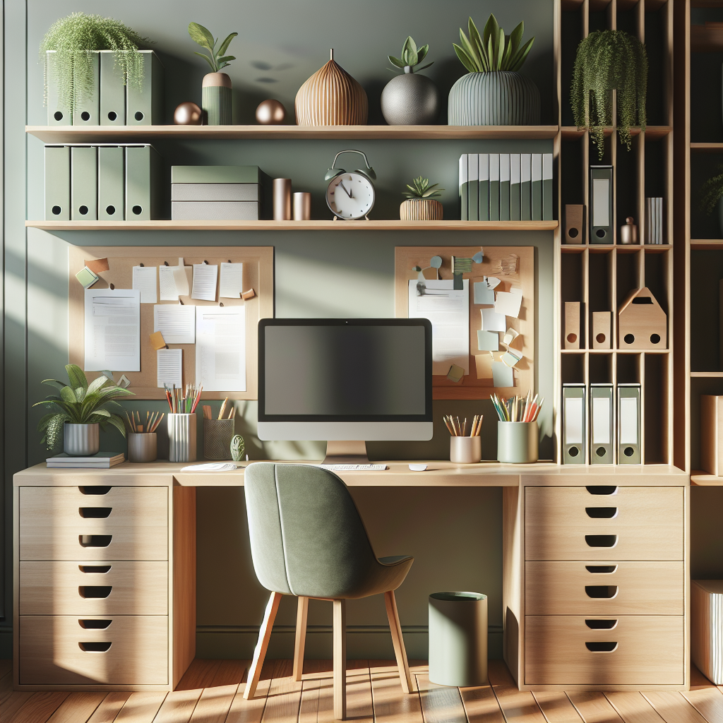 A cozy and organized home office with a modern desk and storage.