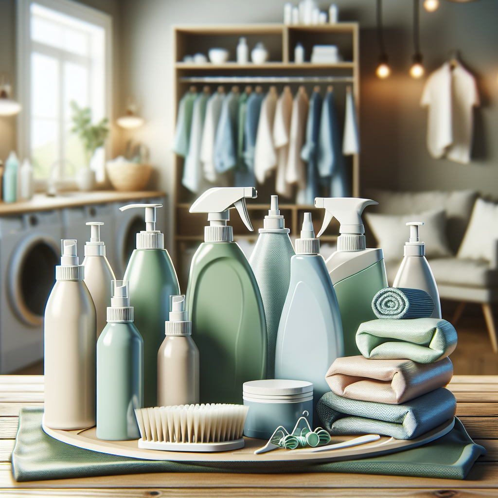 A home dry cleaning kit with eco-friendly cleaning solutions and specialized cloths on a wooden table.