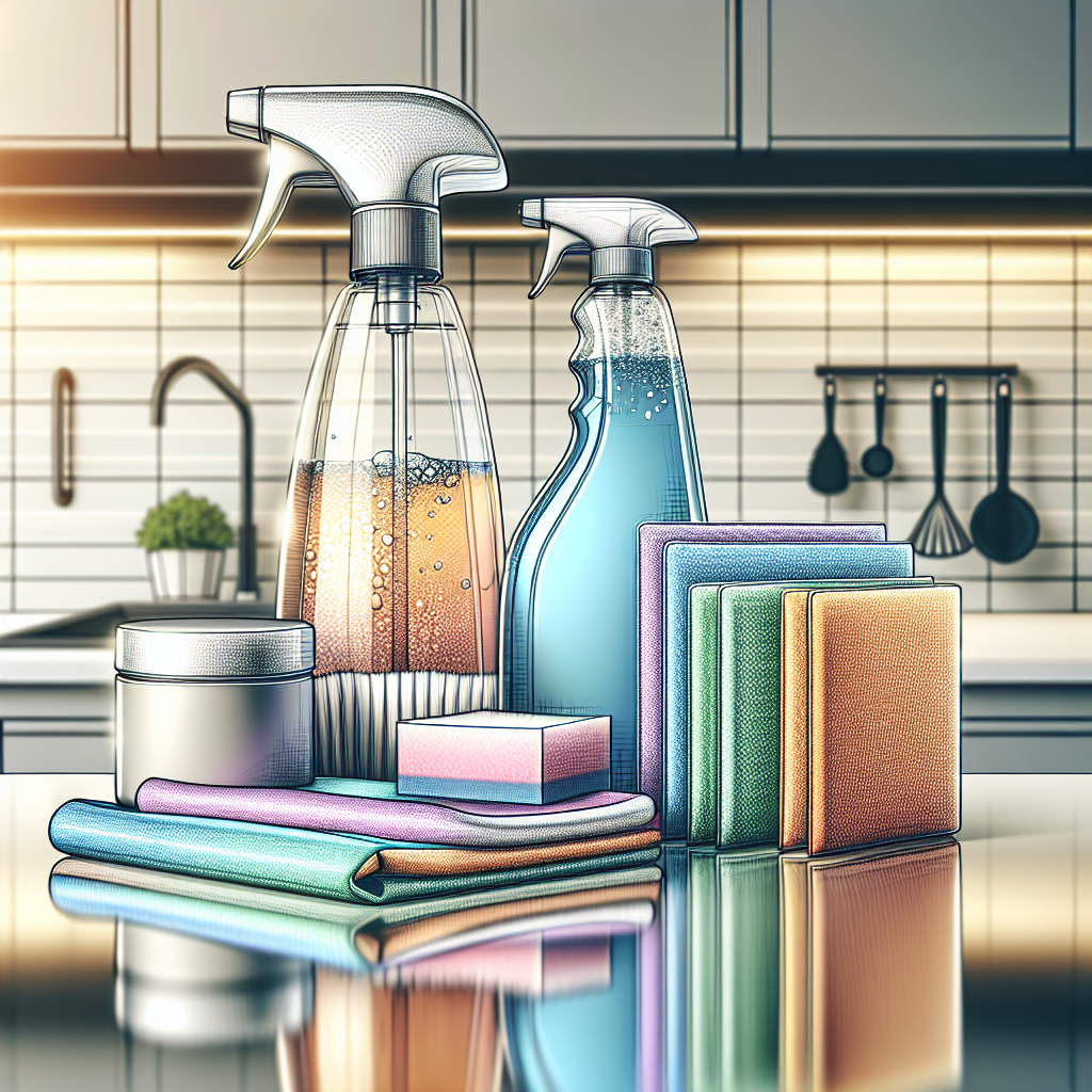A home dry cleaning kit with cleaning solutions and cloths arranged on a countertop.