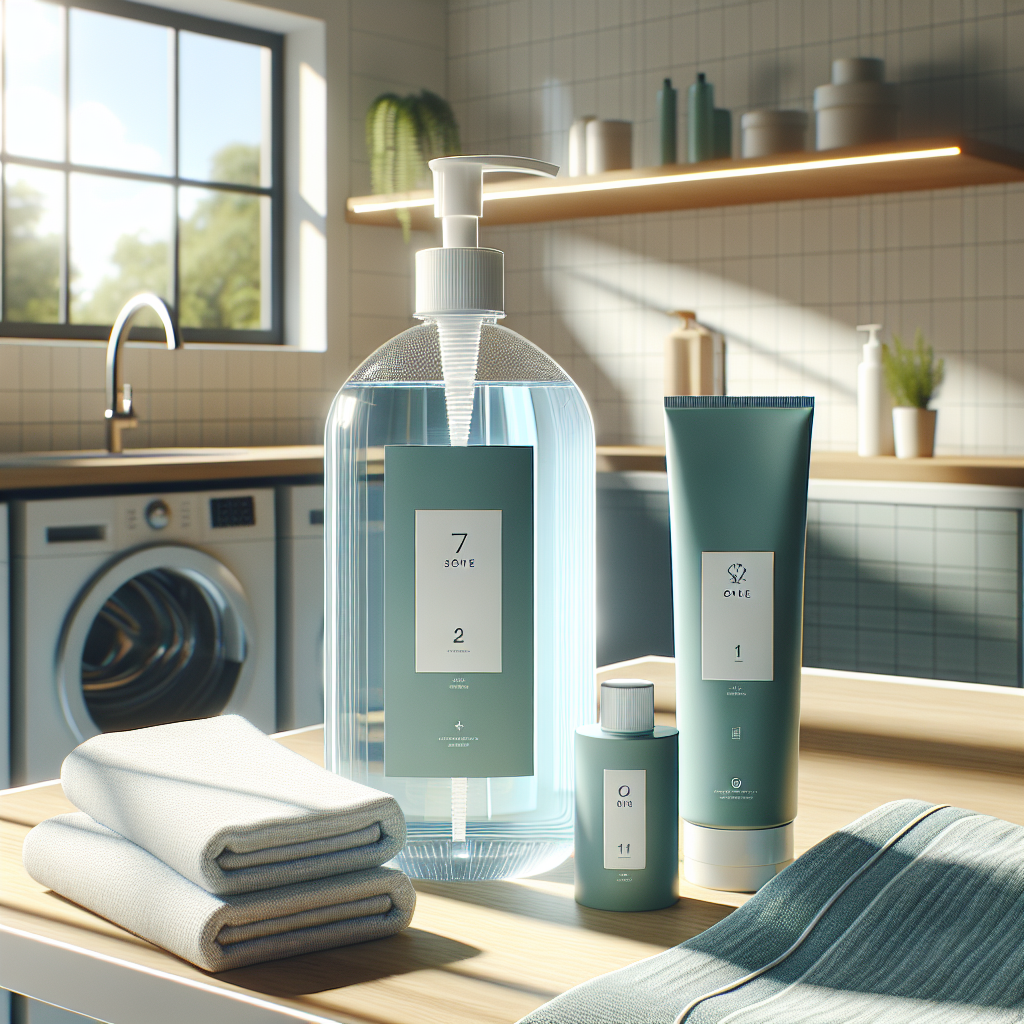A home dry cleaning kit with cleaning solution, stain remover, and cloths on a laundry countertop.