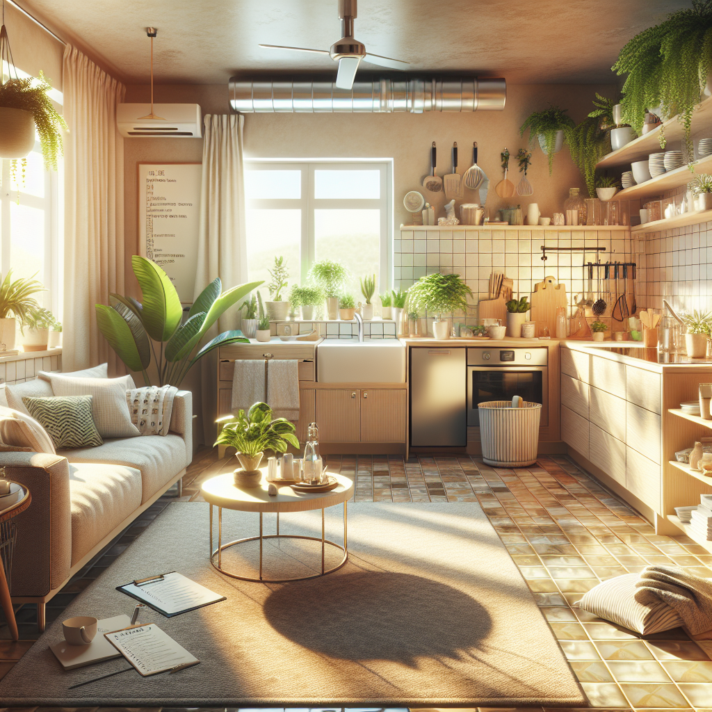 Your Ultimate House Cleaning List by Room for a Sparkling Home! 2 A cozy and clean home interior showcasing a living room, kitchen, and bathroom.