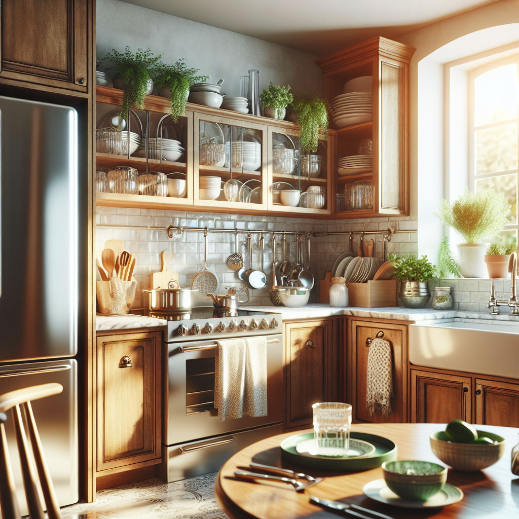 Your Ultimate House Cleaning List by Room for a Sparkling Home! 3 A clean and organized kitchen with wooden cabinets, marble countertop, and natural light.