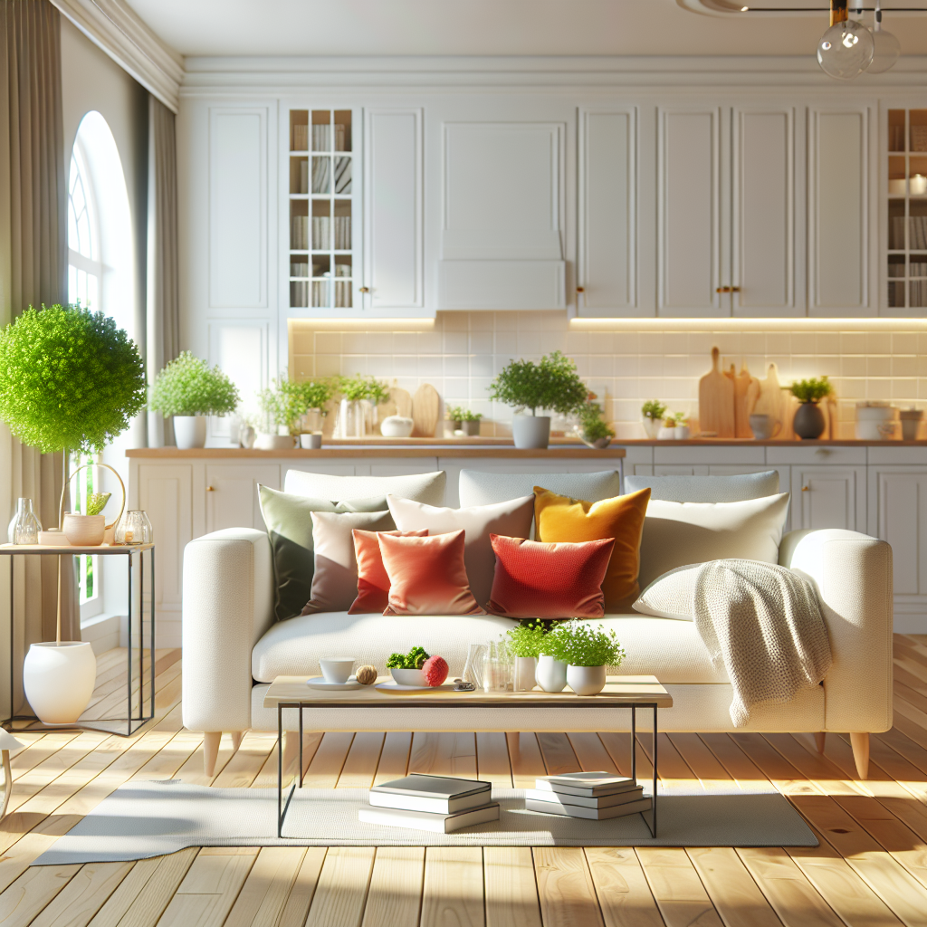 Your Ultimate House Cleaning List by Room for a Sparkling Home! 5 A clean and inviting living room with a bright kitchen in the background.