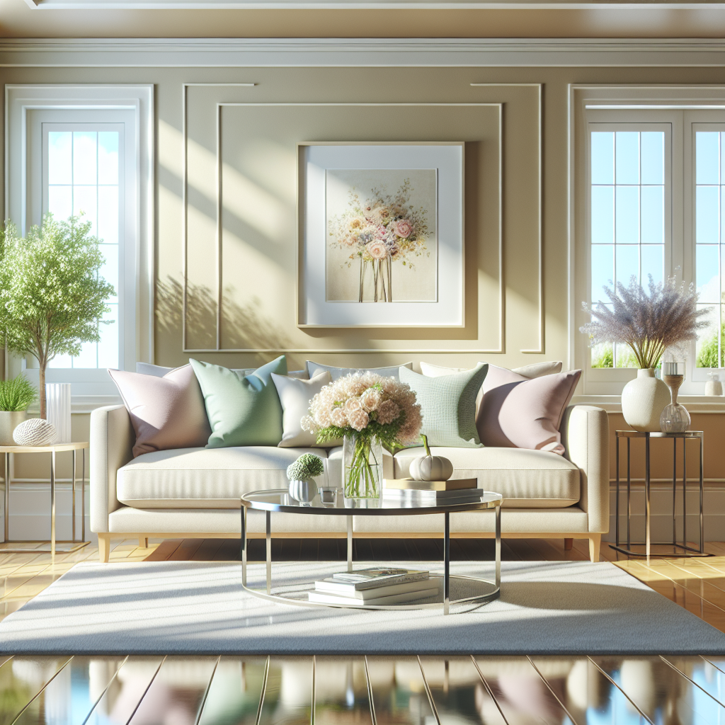 A clean and inviting living room with a beige sofa and fresh flowers.