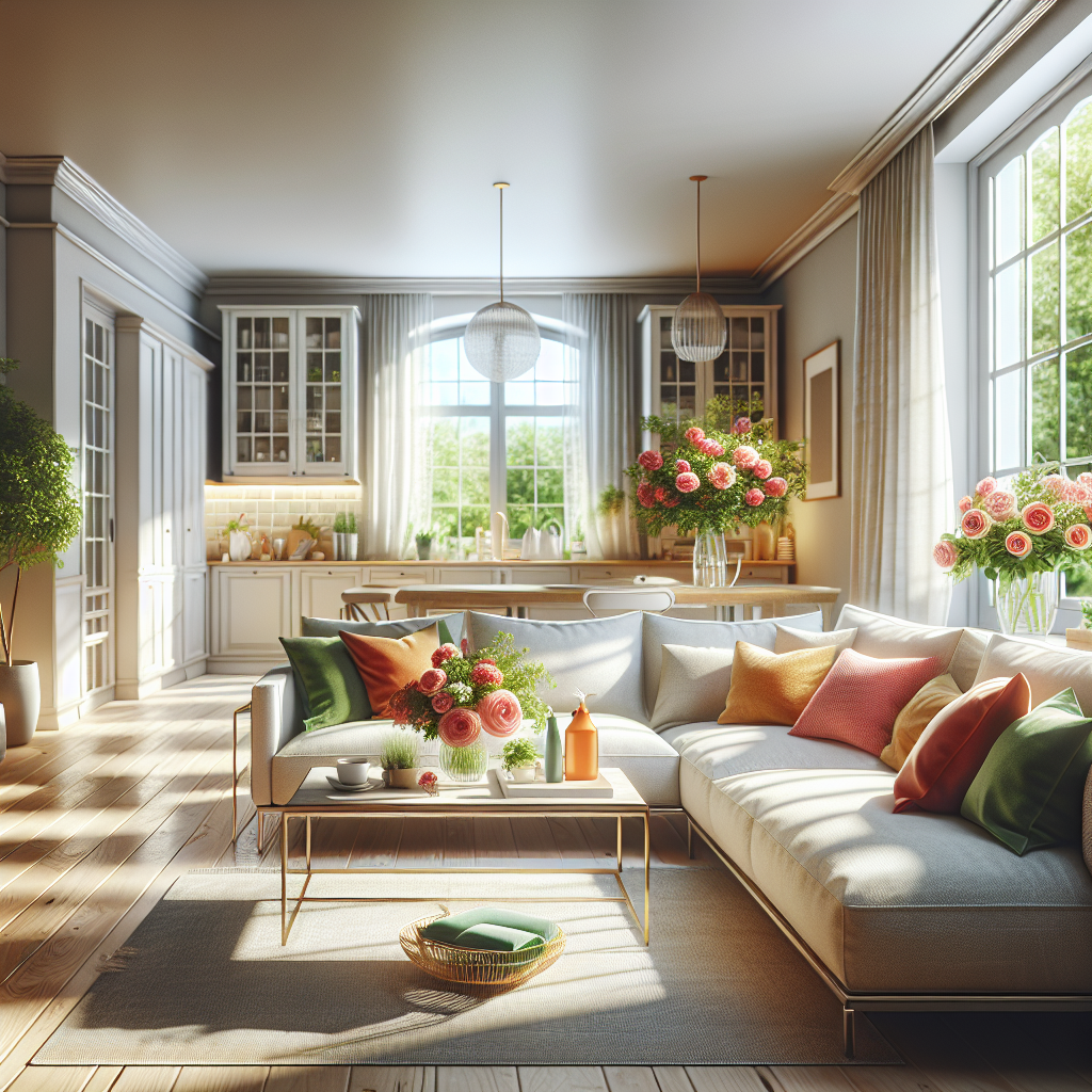 A clean and organized living room with natural light.