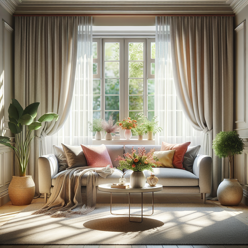 A cozy and clean living room with a light gray sofa, colorful cushions, and fresh flowers in the vase.