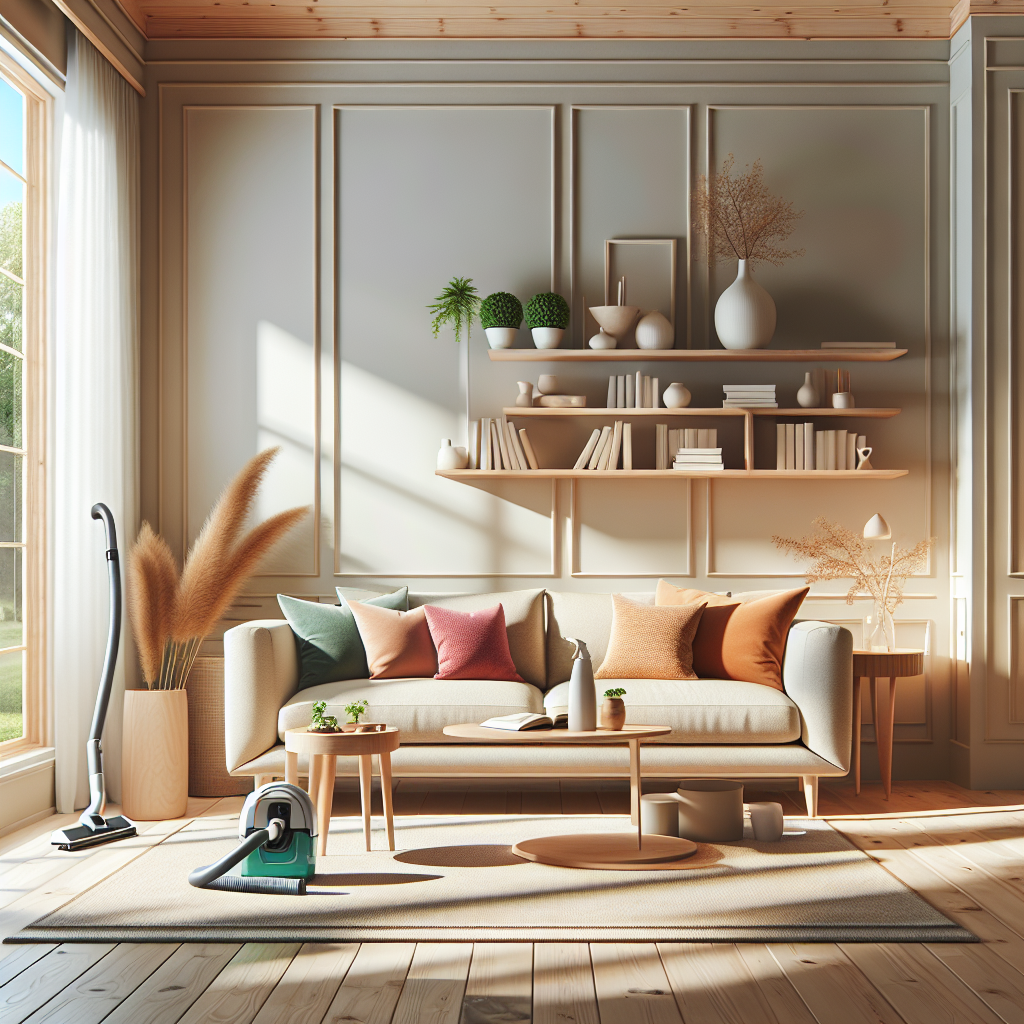 A cozy and clean living room showcasing a comfortable sofa, wooden coffee table, and sunlight flooding in through large windows.