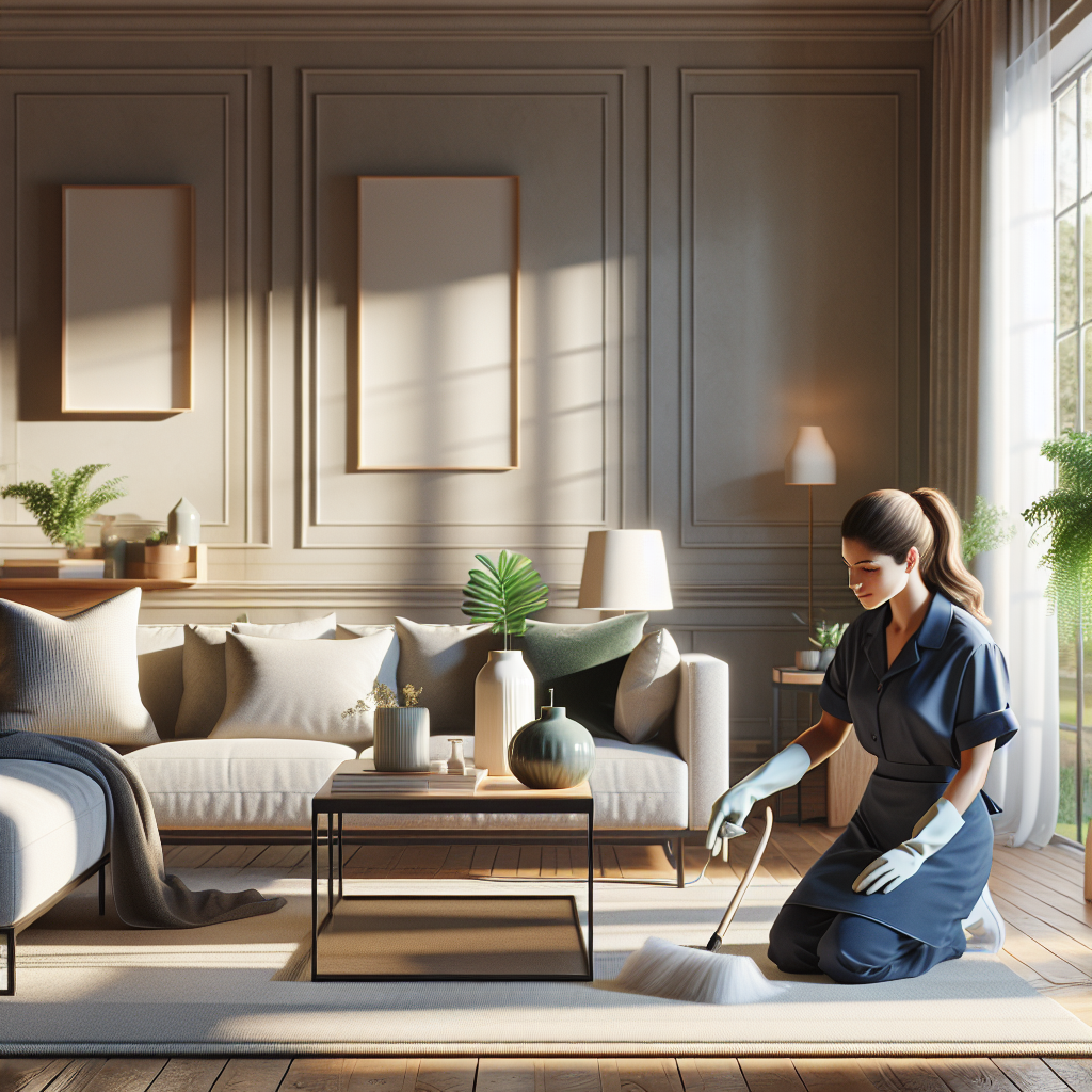 A professional cleaner dusting a modern, tidy living room with natural light.