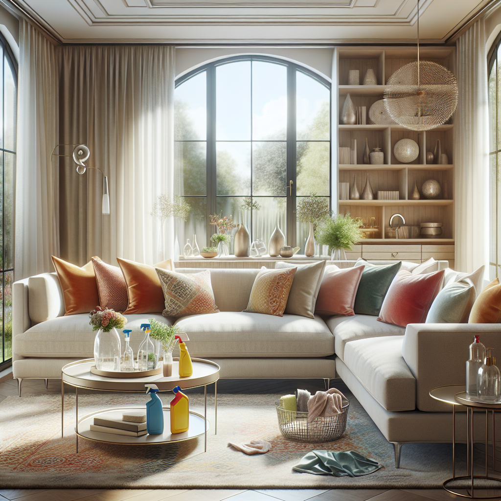 A clean and inviting living room showcasing a modern couch, a coffee table, and eco-friendly cleaning products.