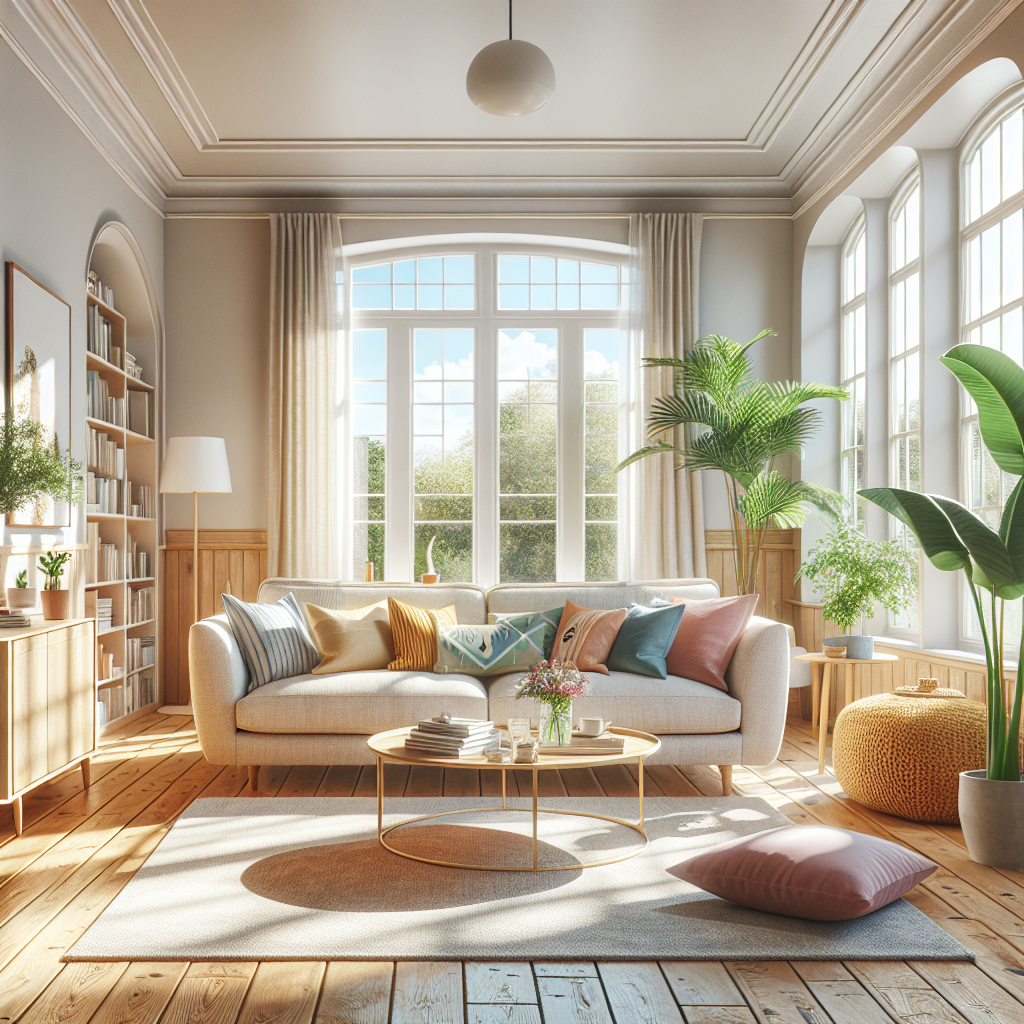 A clean and organized living room with a sofa, coffee table, and houseplants.
