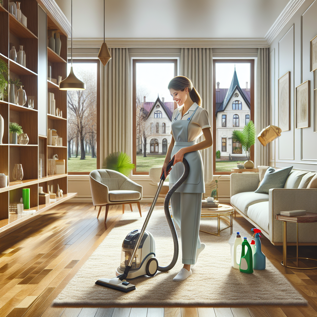 A professional cleaner vacuuming a modern living room in Janesville, showing eco-friendly cleaning products.