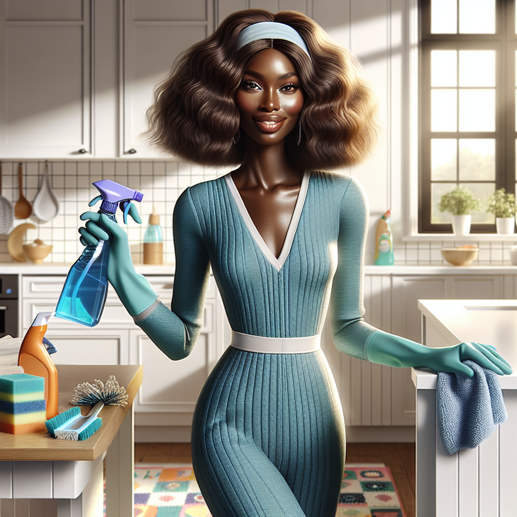 A stylish woman cleaning in a modern kitchen, wearing a fashionable turquoise outfit.