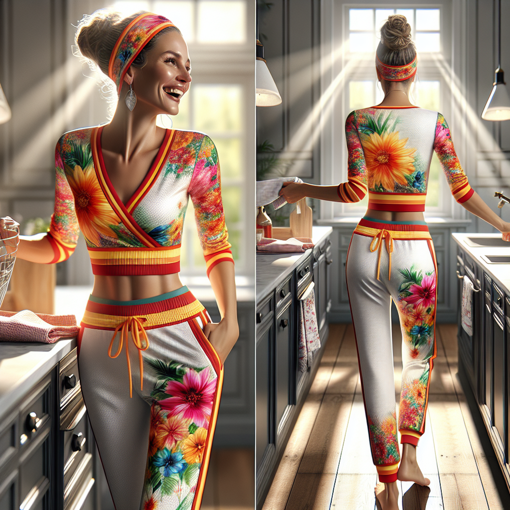 A stylish woman in a colorful house cleaning outfit enjoying her cleaning routine in a bright kitchen.
