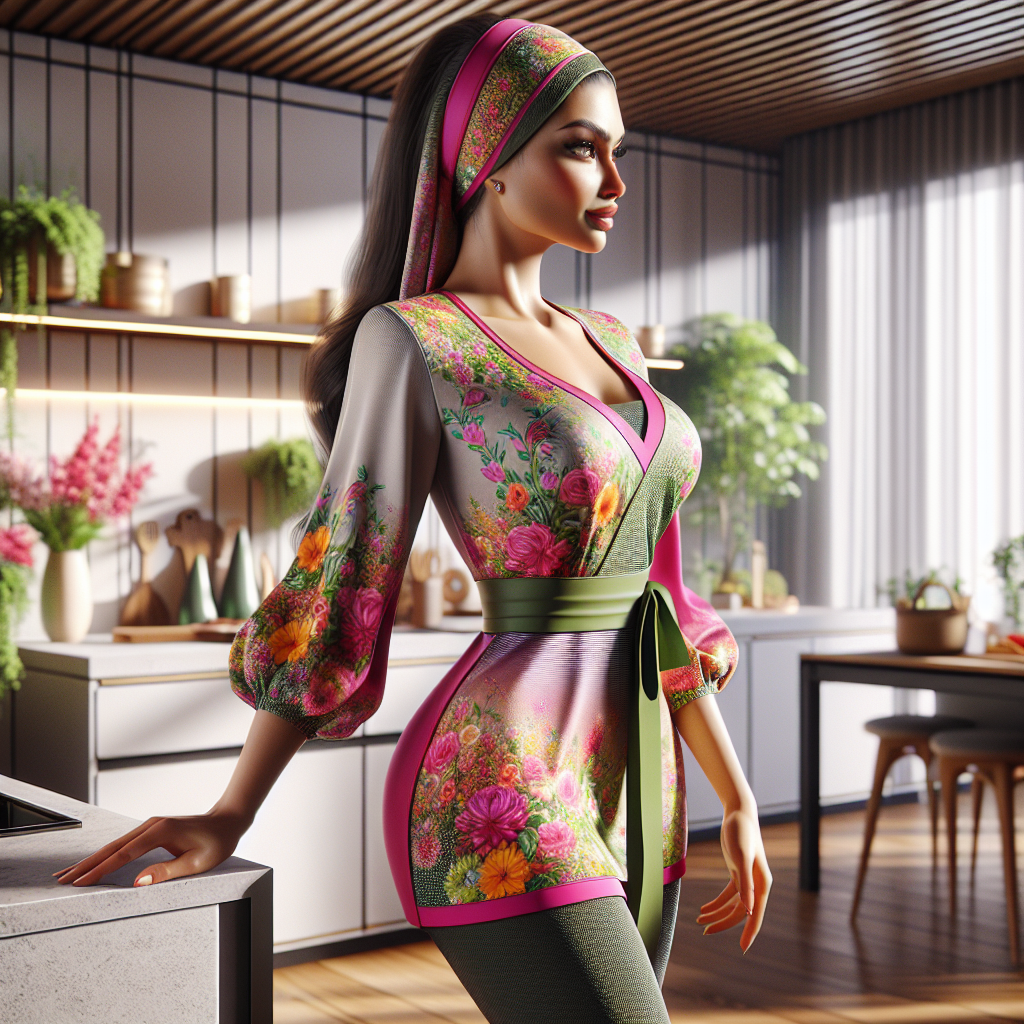 A woman in a stylish house cleaning outfit, standing in a modern kitchen.