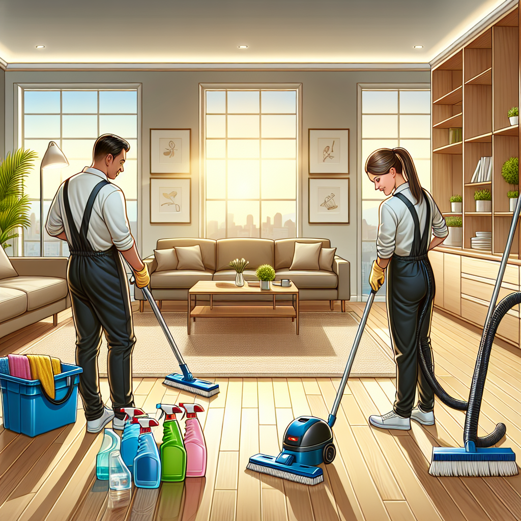 A clean living room with professional cleaners at work, showcasing move out cleaning services.