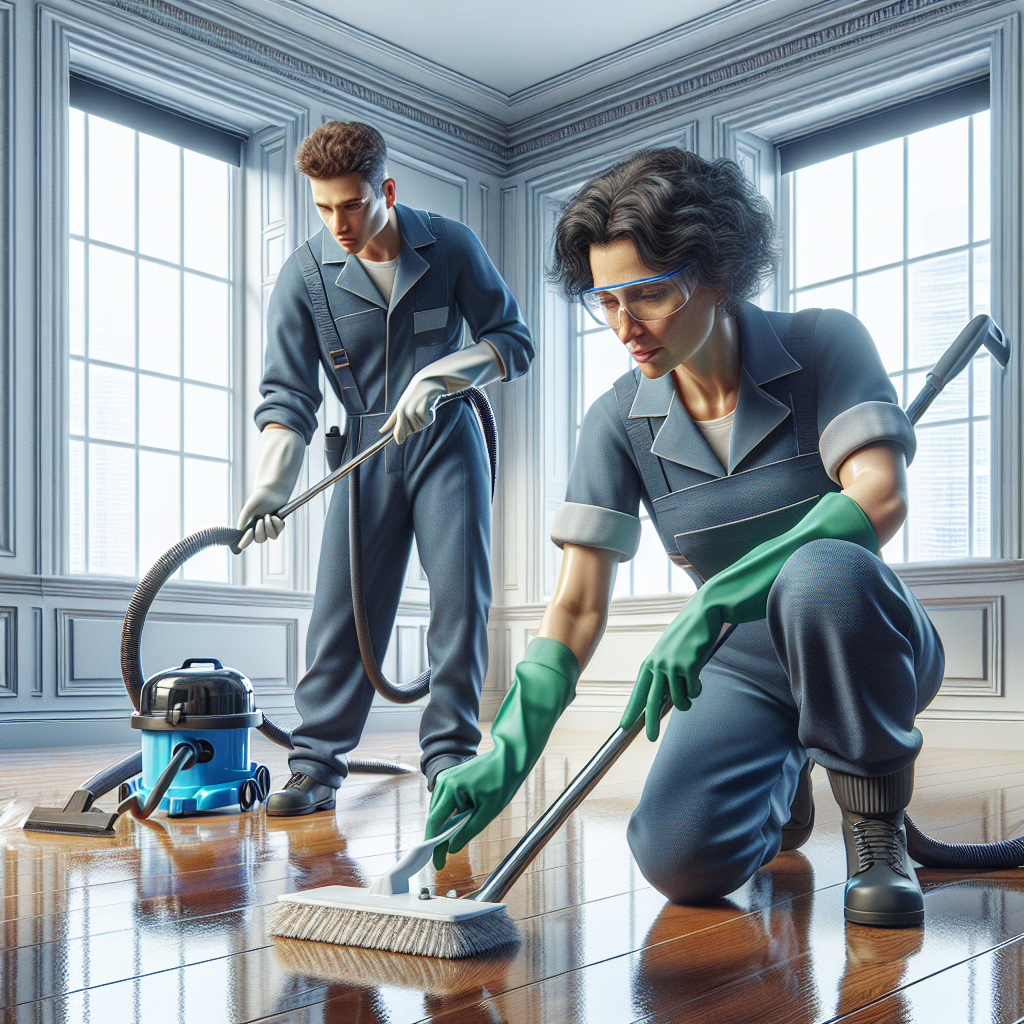A cleaning team at work in an empty room during a move-out cleaning.